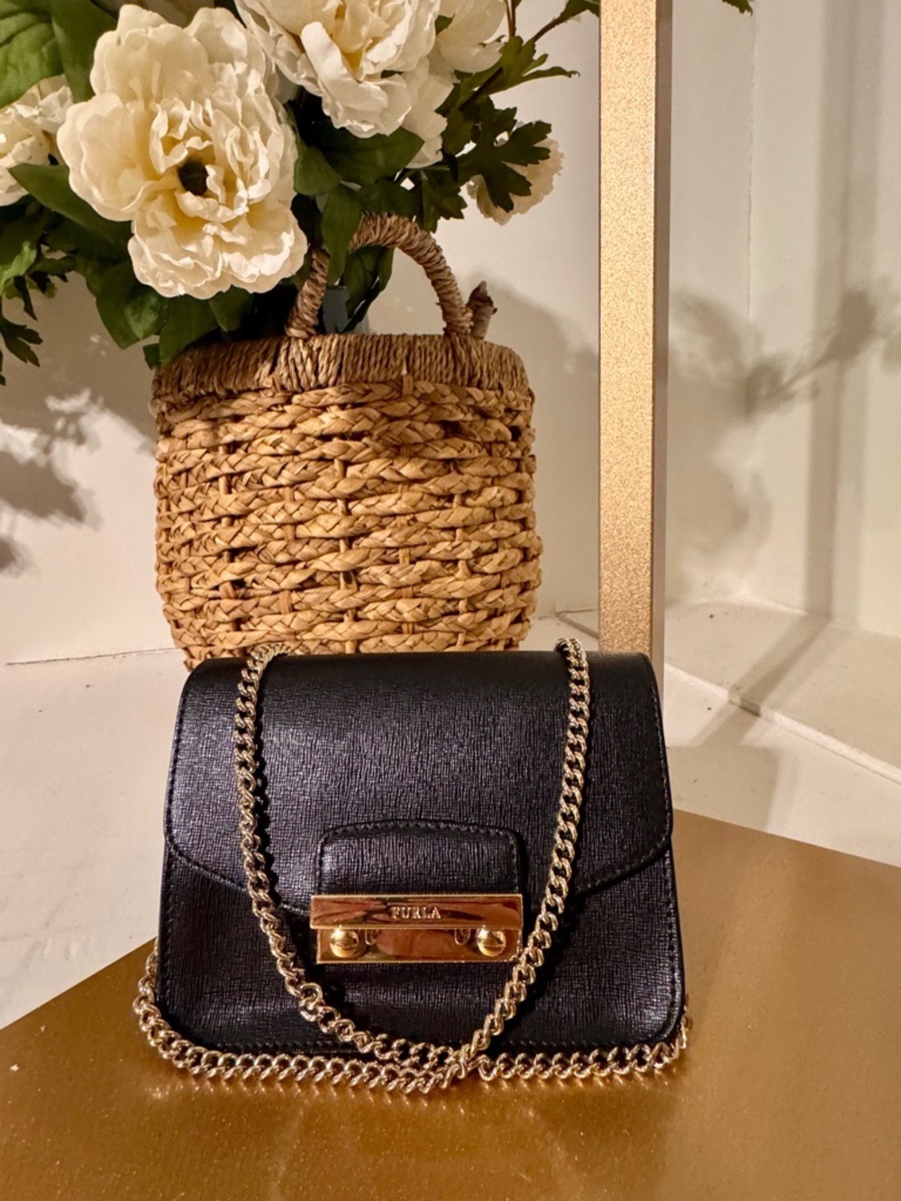 Furla Black Saffiano Leather Crossbody with Gold Chain